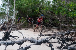 Ciclistas pedalean por la arena y dentro del mangle durante la quinta etapa de la Titán Tropic Cuba de ciclismo de montaña. FOTO de Calixto N. Llanes (CUBA)